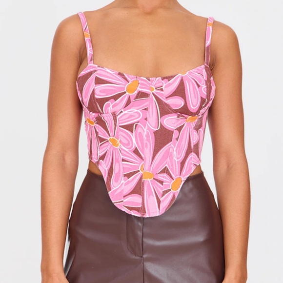 NWT Denim Corset Floral Print Dipped Hem - Picture 7 of 9